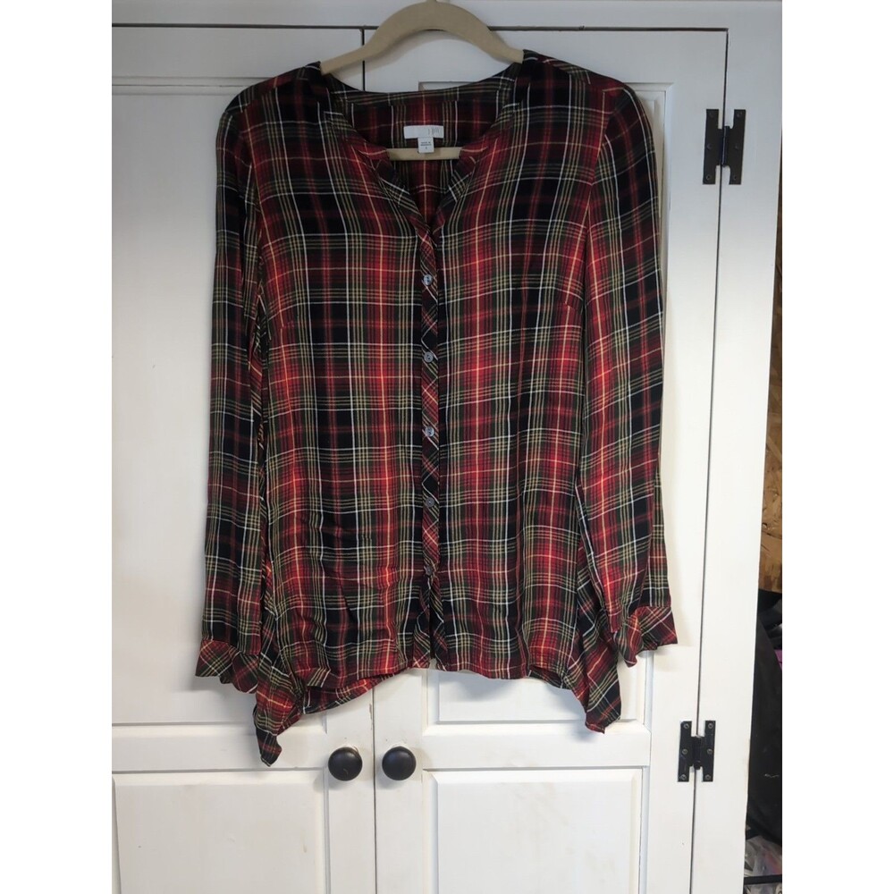 J Jill Plaid Popover Top Womens Small Lightweight Long Sleeve Button Up V-Neck